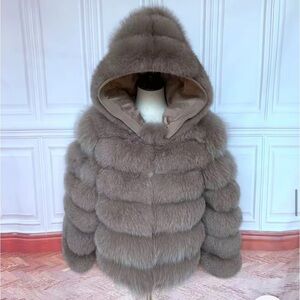 Luxurious real Fur Hooded Jacket - dark beige